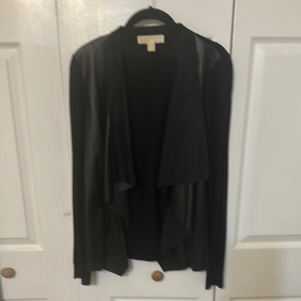 Leather and suede Black Blazer with Waterfall Front and Long Sleeves